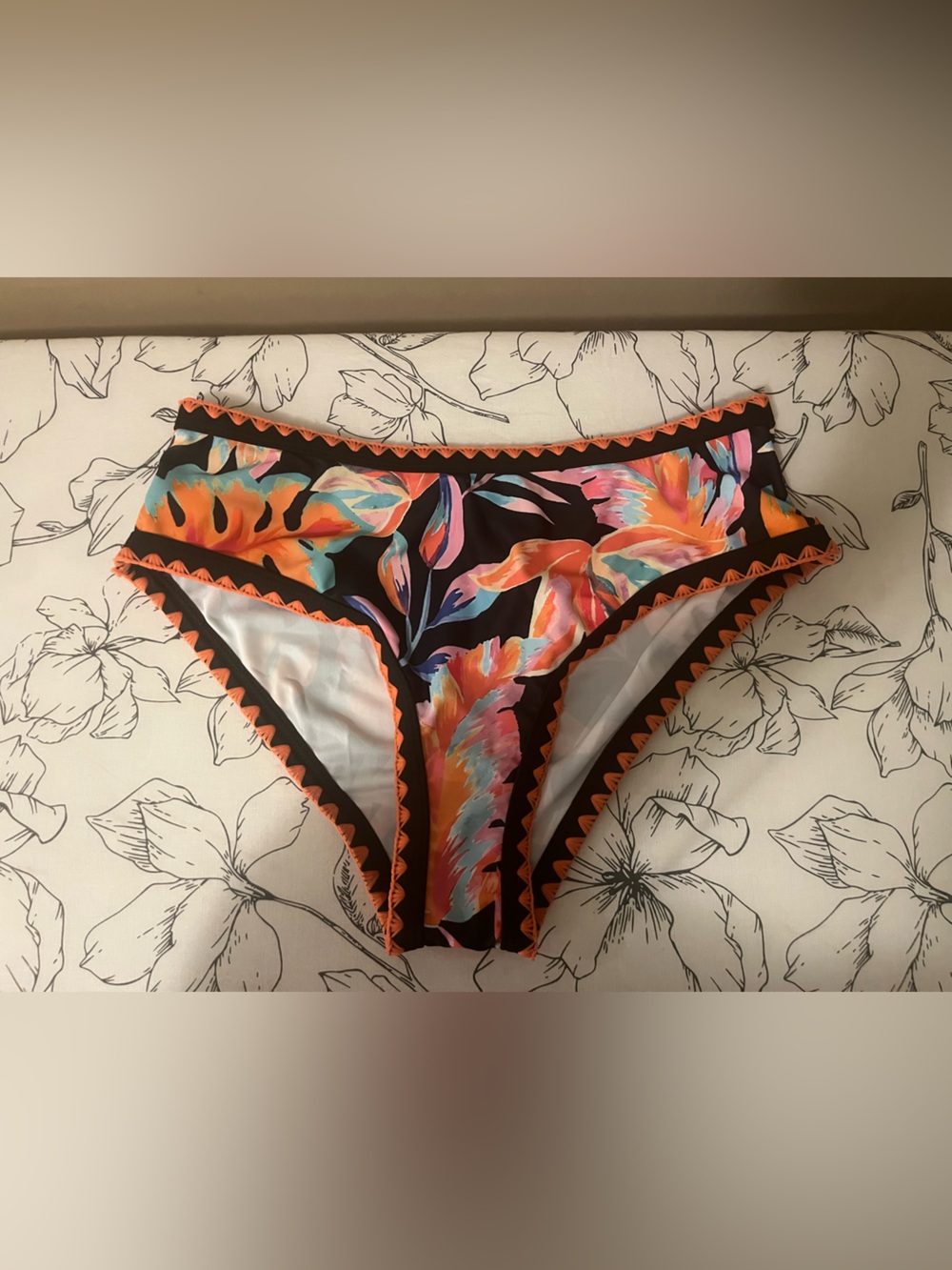 NWOT High-Waist Floral Bikini Cheeky Bottoms - Black, Orange Stitch Trim, small